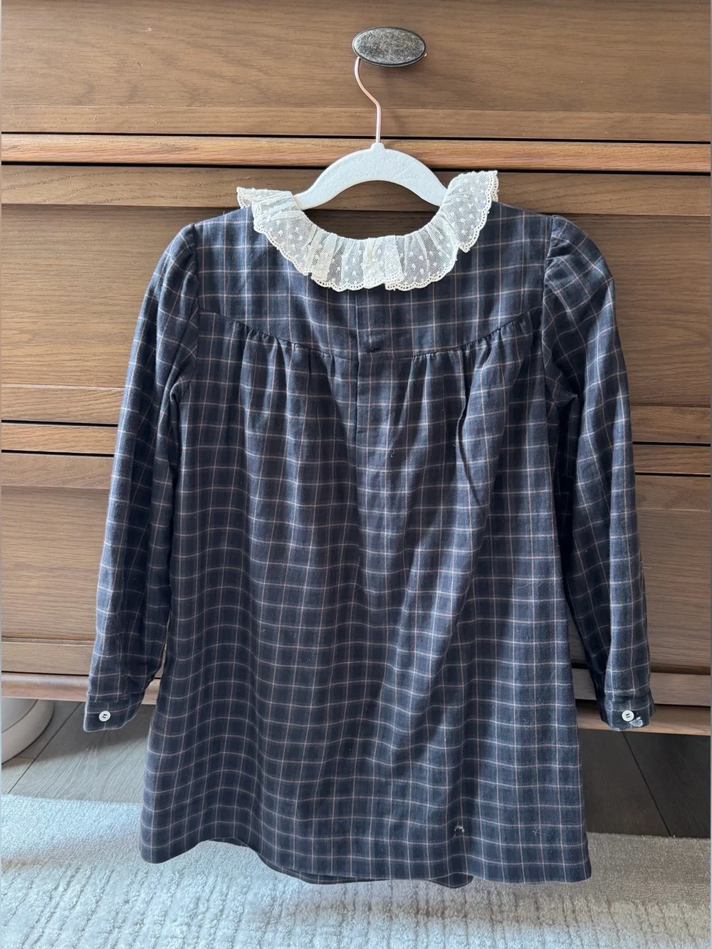 Bonpoint black Plaid Dress with Cream Lace Collar